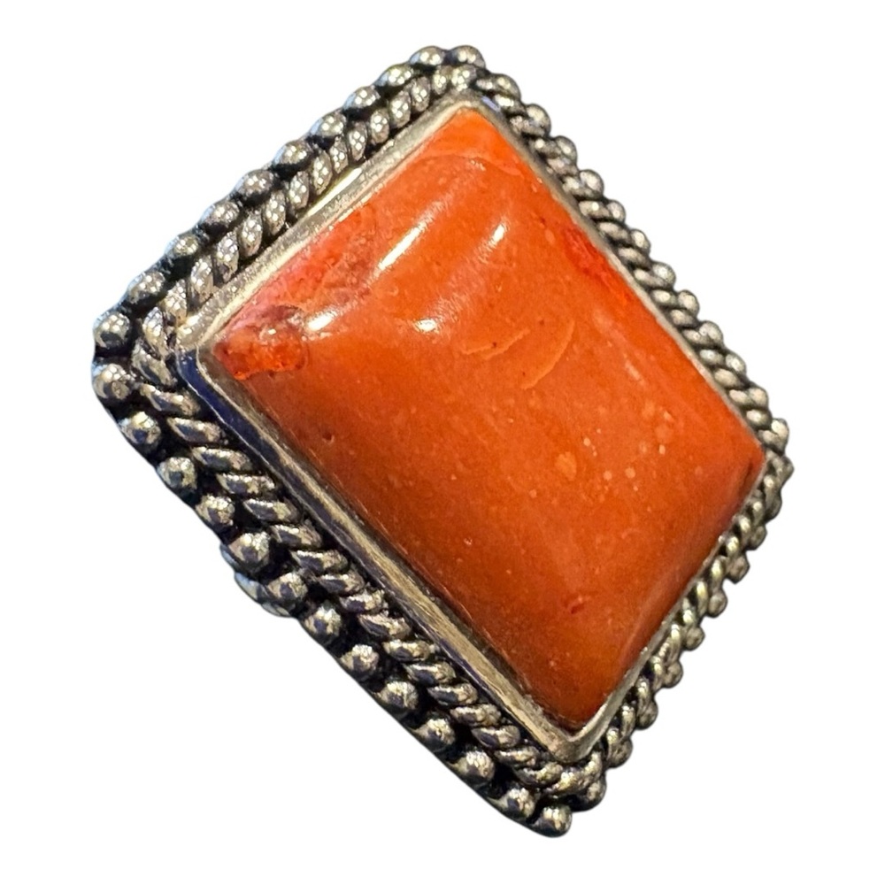 Sterling Silver BBJ Statement Ring Orange Coral Rectangular - Picture 9 of 11